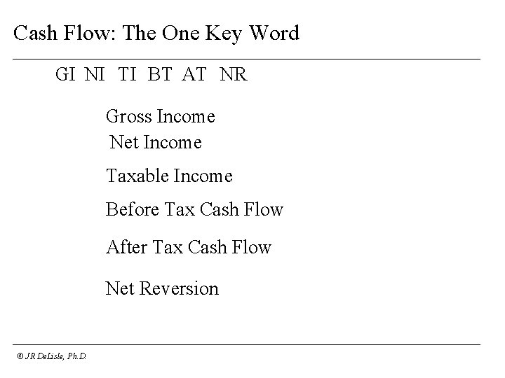 Cash Flow: The One Key Word GI NI TI BT AT NR Gross Income