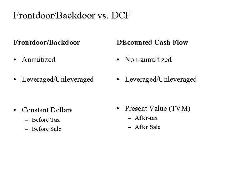 Frontdoor/Backdoor vs. DCF Frontdoor/Backdoor Discounted Cash Flow • Annuitized • Non-annuitized • Leveraged/Unleveraged •