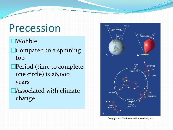 Precession �Wobble �Compared to a spinning top �Period (time to complete one circle) is