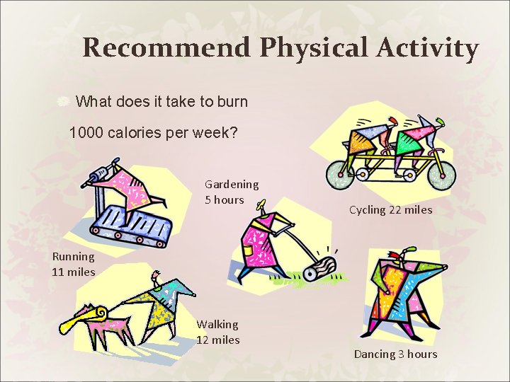 Recommend Physical Activity What does it take to burn 1000 calories per week? Gardening