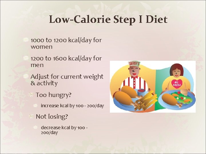 Low-Calorie Step I Diet 1000 to 1200 kcal/day for women 1200 to 1600 kcal/day