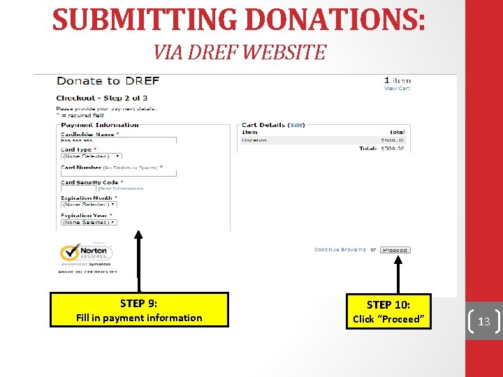 SUBMITTING DONATIONS: VIA DREF WEBSITE STEP 9: Fill in payment information STEP 10: Click