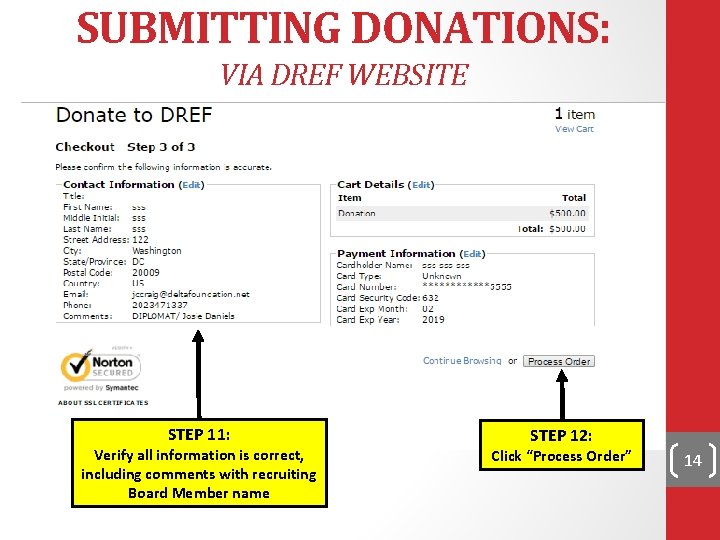 SUBMITTING DONATIONS: VIA DREF WEBSITE STEP 11: Verify all information is correct, including comments