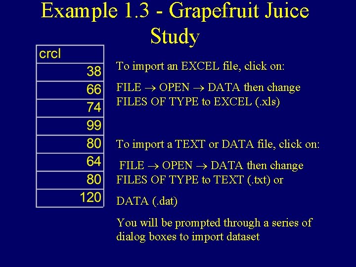 Example 1. 3 - Grapefruit Juice Study To import an EXCEL file, click on: Example 1. 3 - Grapefruit Juice Study To import an EXCEL file, click on: