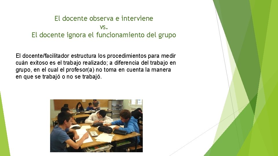 El docente observa e interviene vs. El docente ignora el funcionamiento del grupo El