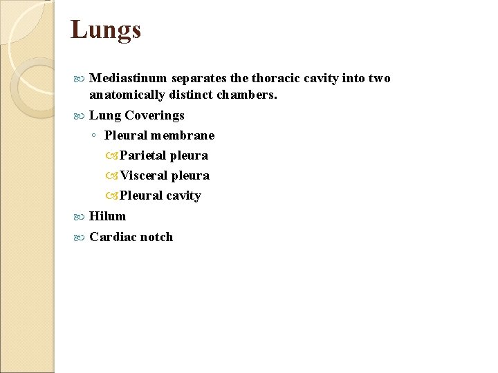 Lungs Mediastinum separates the thoracic cavity into two anatomically distinct chambers. Lung Coverings ◦