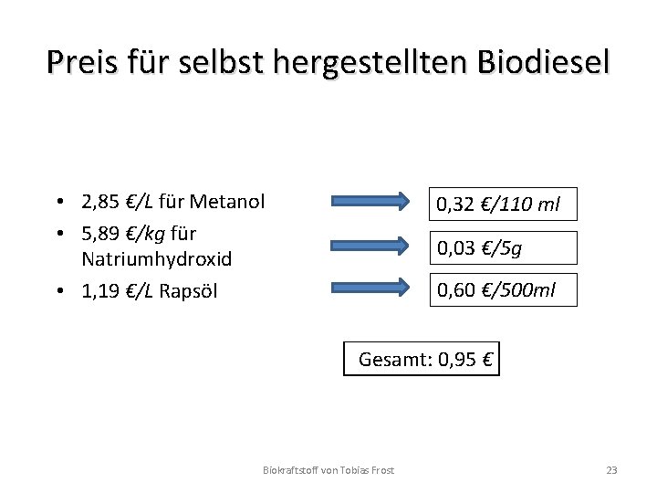 Preis für selbst hergestellten Biodiesel • 2, 85 €/L für Metanol • 5, 89