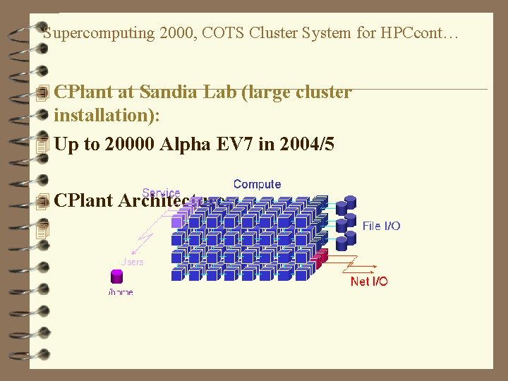 Supercomputing 2000, COTS Cluster System for HPCcont… 4 CPlant at Sandia Lab (large cluster