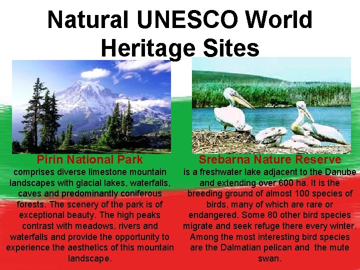 Natural UNESCO World Heritage Sites Pirin National Park Srebarna Nature Reserve comprises diverse limestone