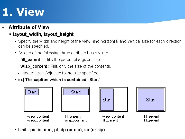 1. View ü Attribute of View § layout_width, layout_height • Specify the width and