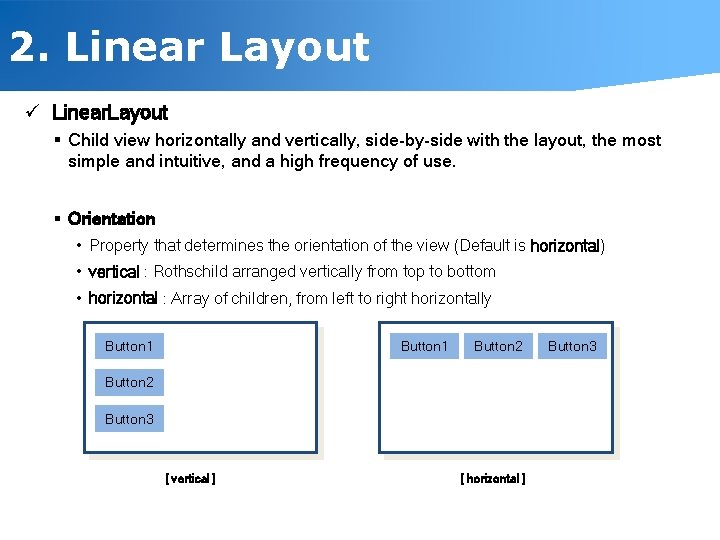 2. Linear Layout ü Linear. Layout § Child view horizontally and vertically, side-by-side with
