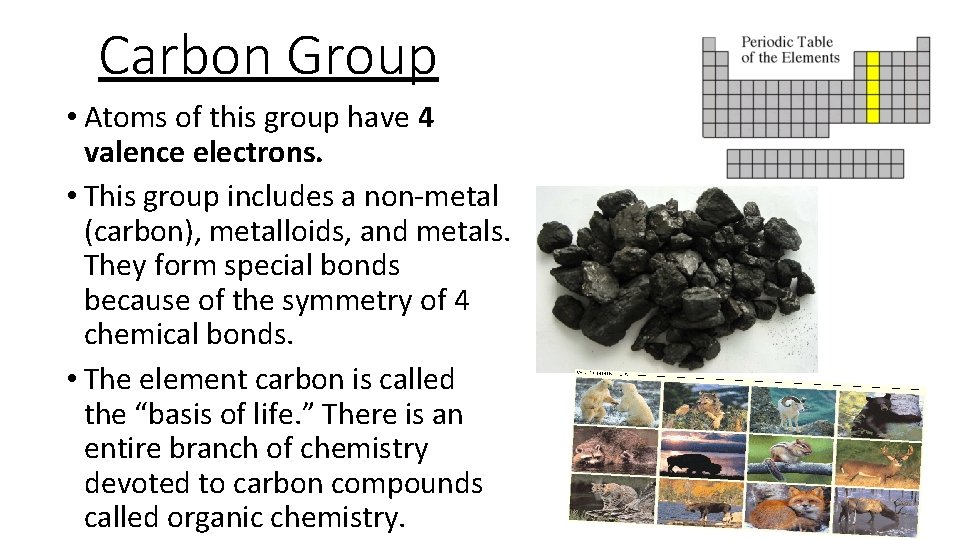 Carbon Group • Atoms of this group have 4 valence electrons. • This group