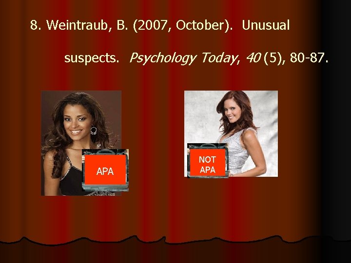 8. Weintraub, B. (2007, October). Unusual suspects. Psychology Today, 40 (5), 80 -87. APA