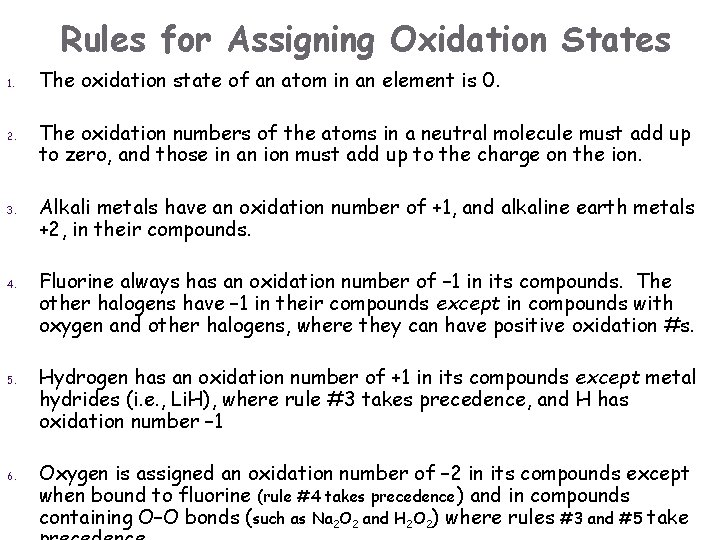 Rules for Assigning Oxidation States 1. 2. 3. 4. 5. 6. The oxidation state
