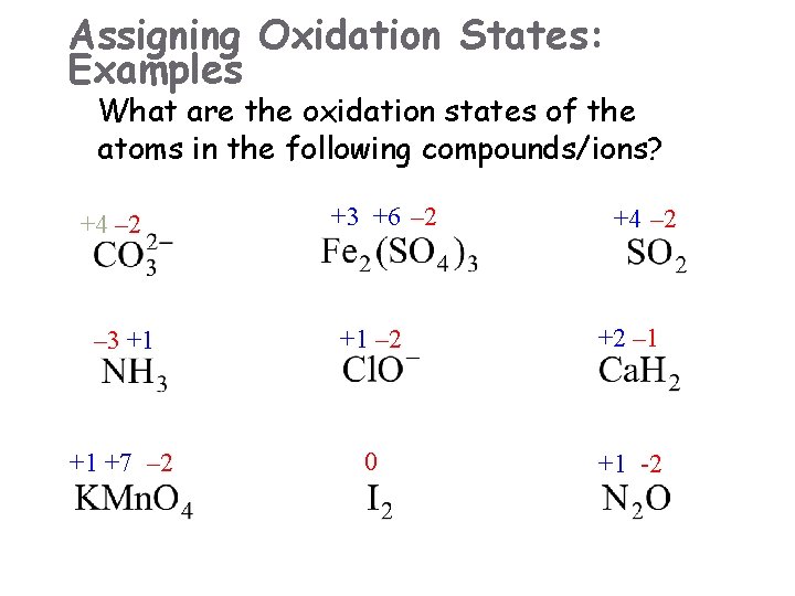 Assigning Oxidation States: Examples What are the oxidation states of the atoms in the