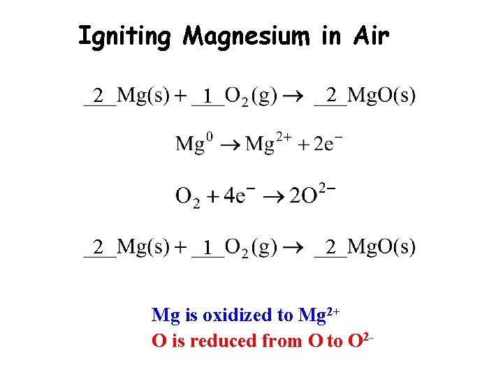 Igniting Magnesium in Air 2 1 2 Mg is oxidized to Mg 2+ O