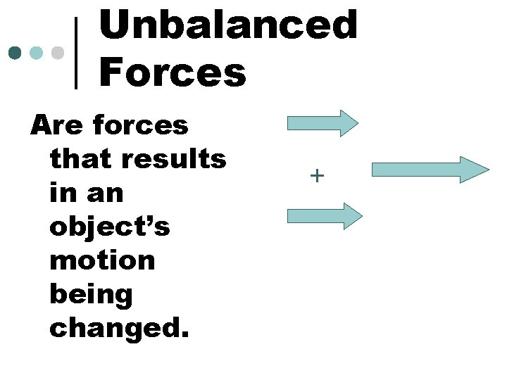 Unbalanced Forces Are forces that results in an object’s motion being changed. + 