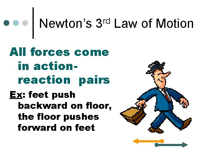 Newton’s 3 rd Law of Motion All forces come in actionreaction pairs Ex: feet