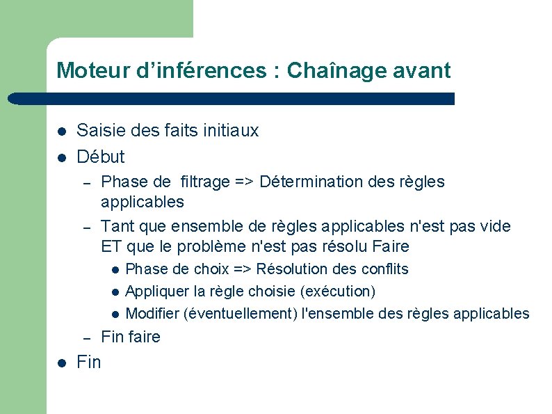 Moteur d’inférences : Chaînage avant Saisie des faits initiaux Début – – Phase de