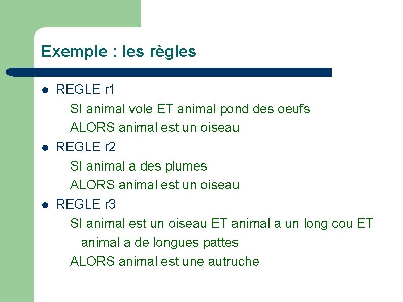 Exemple : les règles REGLE r 1 SI animal vole ET animal pond des