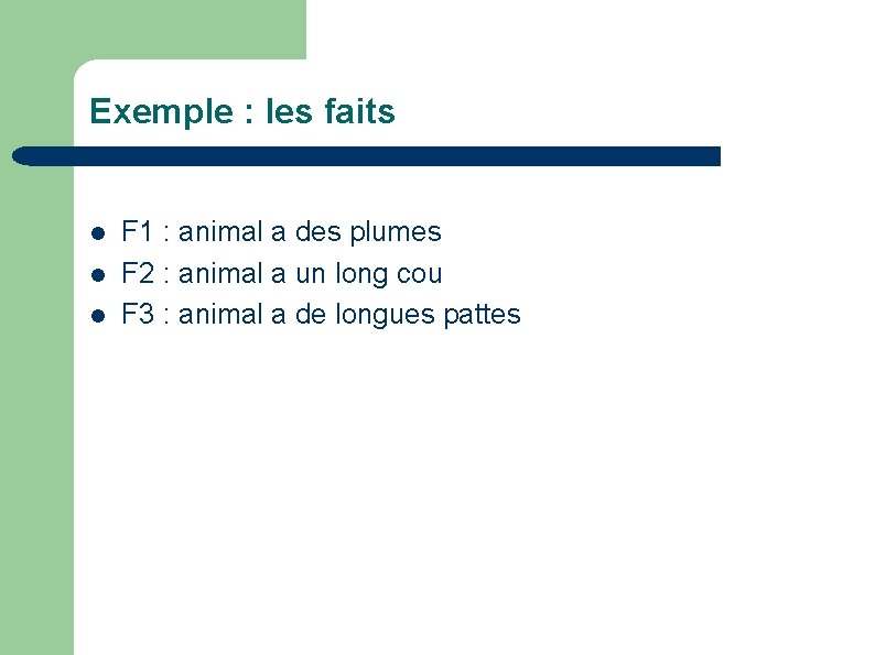 Exemple : les faits F 1 : animal a des plumes F 2 :