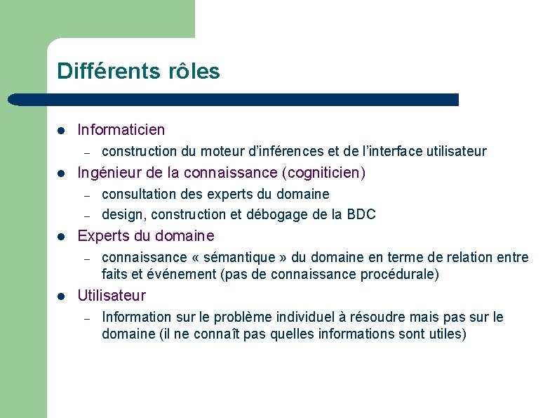 Différents rôles Informaticien – Ingénieur de la connaissance (cogniticien) – – consultation des experts