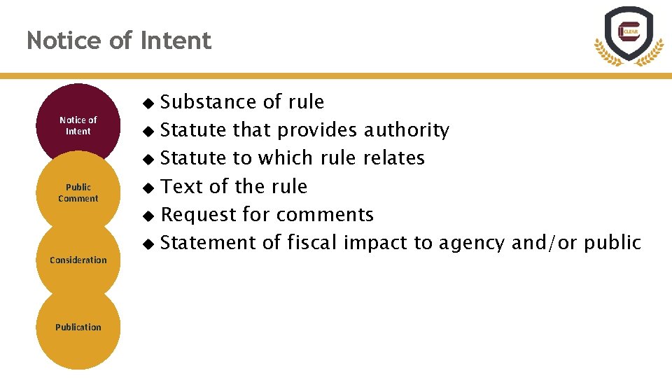 Notice of Intent Substance of rule Statute that provides authority Statute to which rule