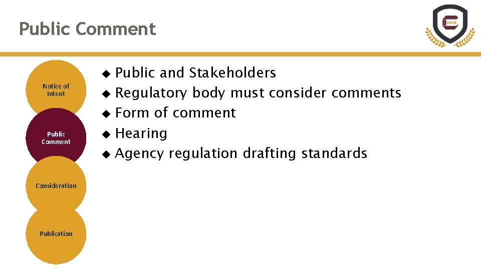 Public Comment Public and Stakeholders Regulatory body must consider comments Form of comment Hearing