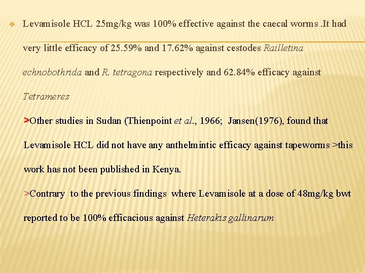 v Levamisole HCL 25 mg/kg was 100% effective against the caecal worms. It had