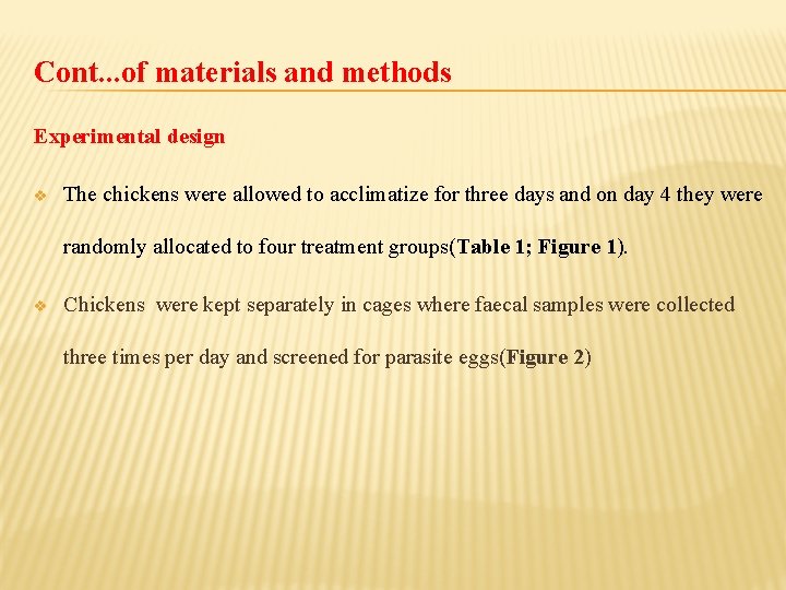 Cont. . . of materials and methods Experimental design v The chickens were allowed