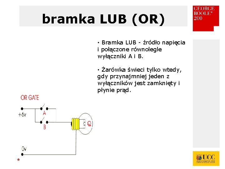 bramka LUB (OR) • Bramka LUB - źródło napięcia i połączone równolegle wyłączniki A