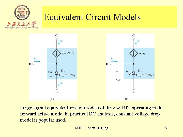 Equivalent Circuit Models Large-signal equivalent-circuit models of the npn BJT operating in the forward Equivalent Circuit Models Large-signal equivalent-circuit models of the npn BJT operating in the forward
