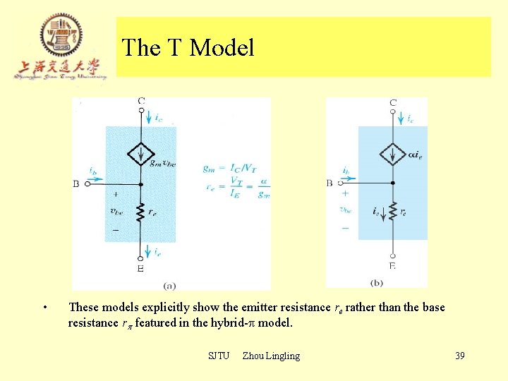 The T Model • These models explicitly show the emitter resistance re rather than The T Model • These models explicitly show the emitter resistance re rather than