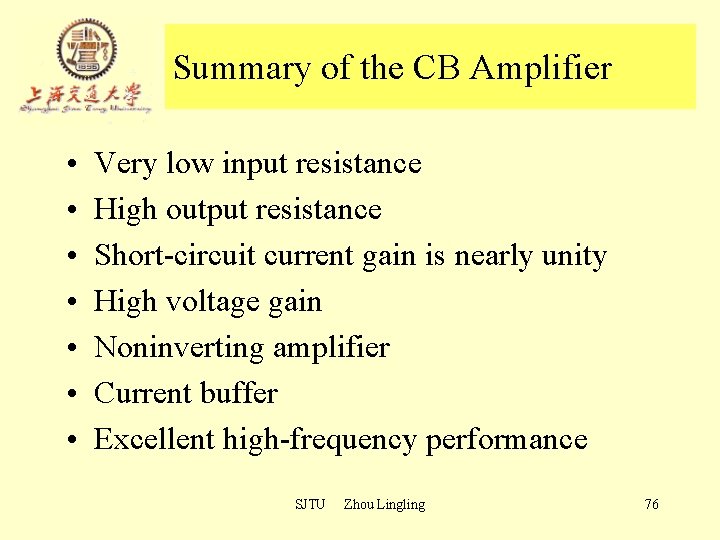 Summary of the CB Amplifier • • Very low input resistance High output resistance Summary of the CB Amplifier • • Very low input resistance High output resistance