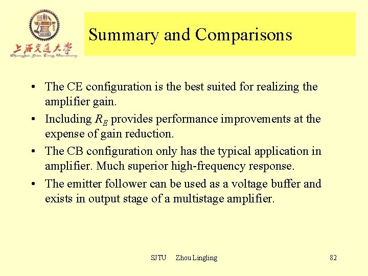 Summary and Comparisons • The CE configuration is the best suited for realizing the Summary and Comparisons • The CE configuration is the best suited for realizing the