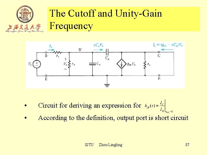 The Cutoff and Unity-Gain Frequency • Circuit for deriving an expression for • According The Cutoff and Unity-Gain Frequency • Circuit for deriving an expression for • According