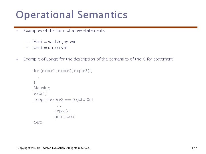 Operational Semantics • Examples of the form of a few statements – – •