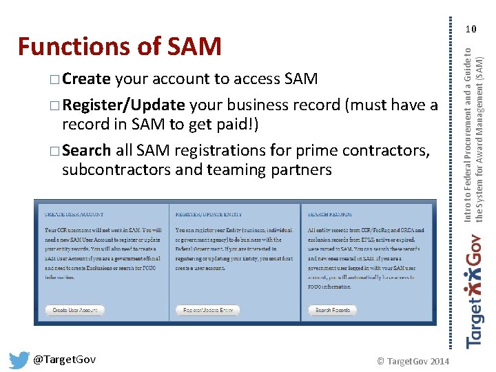 Functions of SAM � Create your account to access SAM � Register/Update your business