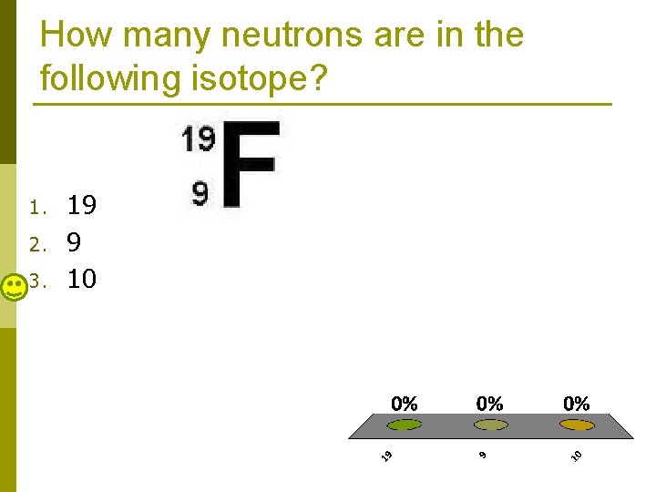 How many neutrons are in the following isotope? 1. 2. 3. 19 9 10
