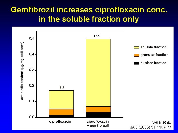 Gemfibrozil increases ciprofloxacin conc. in the soluble fraction only Seral et al, JAC (2003)