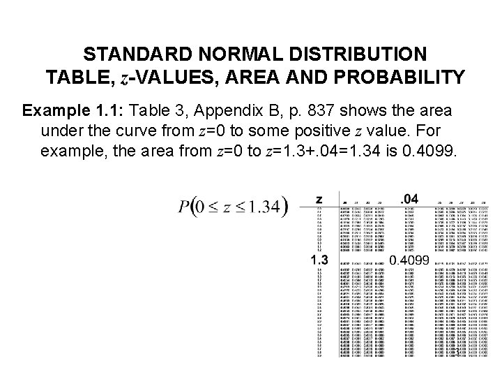 STANDARD NORMAL DISTRIBUTION TABLE, z-VALUES, AREA AND PROBABILITY Example 1. 1: Table 3, Appendix