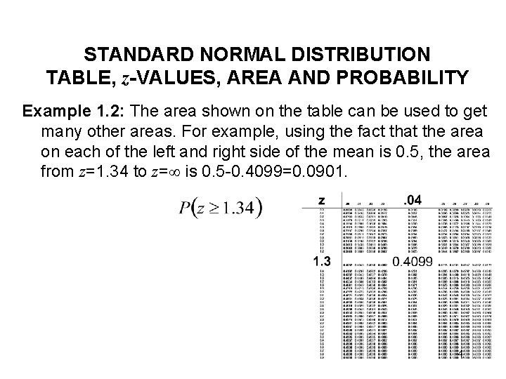 STANDARD NORMAL DISTRIBUTION TABLE, z-VALUES, AREA AND PROBABILITY Example 1. 2: The area shown