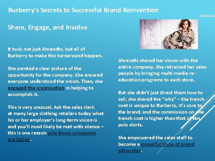 Burberry's Secrets to Successful Brand Reinvention Stand by Yo Share, Engage, and Involve It