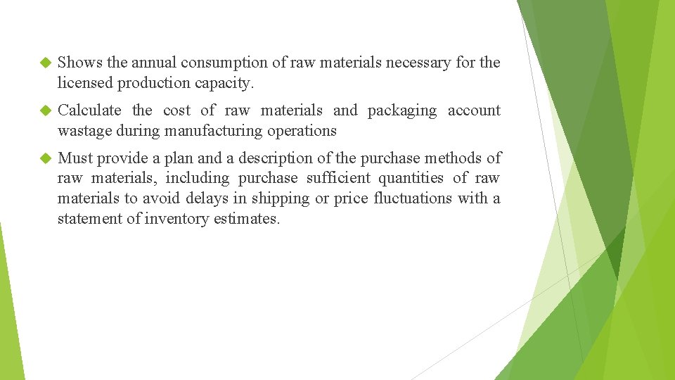  Shows the annual consumption of raw materials necessary for the licensed production capacity.