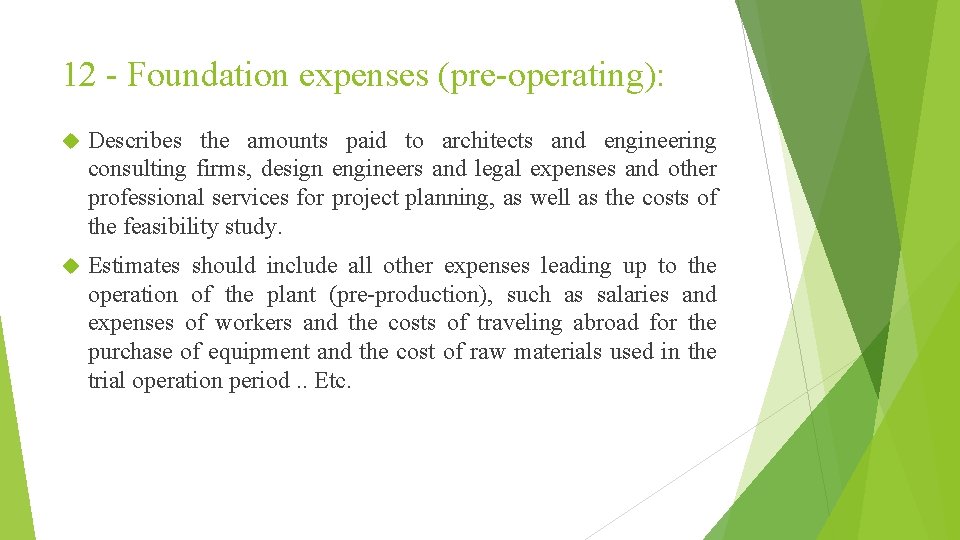 12 - Foundation expenses (pre-operating): Describes the amounts paid to architects and engineering consulting