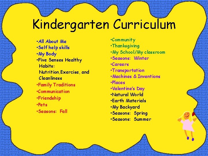 Kindergarten Curriculum • All About Me • Self help skills • My Body •