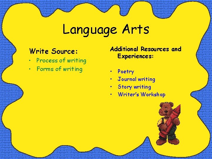 Language Arts Write Source: • Process of writing • Forms of writing Additional Resources