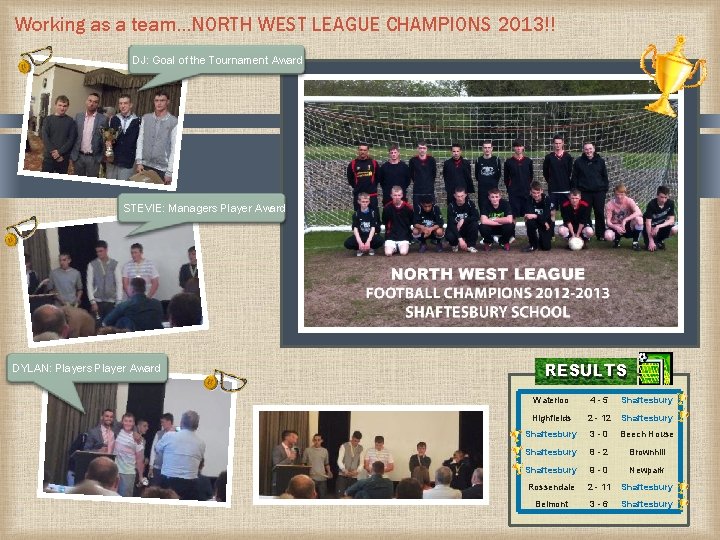 Working as a team…NORTH WEST LEAGUE CHAMPIONS 2013!! DJ: Goal of the Tournament Award