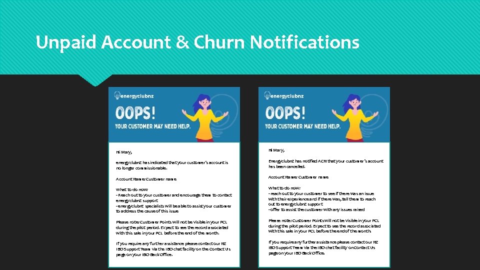 Unpaid Account & Churn Notifications Hi Mary, energyclubnz has indicated that your customer’s account