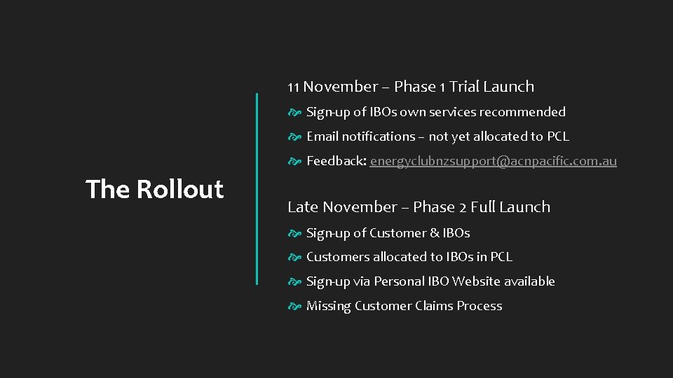 11 November – Phase 1 Trial Launch Sign-up of IBOs own services recommended Email